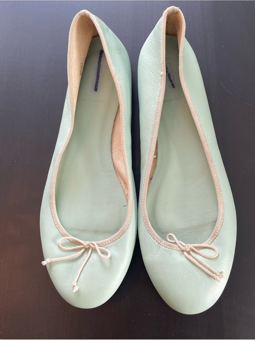 J. Crew Mint Ballet Flats with Beige Trim and Bow